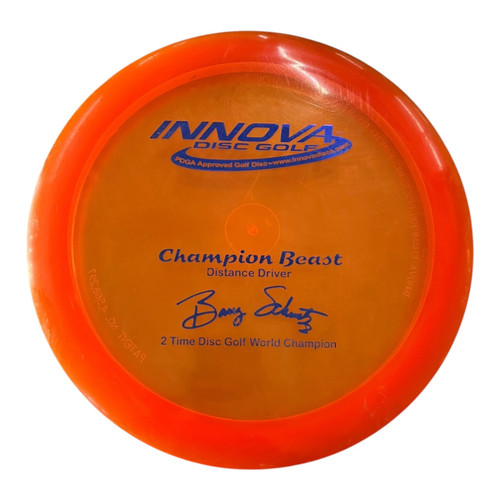 Vist Large View of Product Image Which is Used Innova CHAMPION BEAST BARRY SCHULTZ PFN Disc Golf Driver Orange 170g
