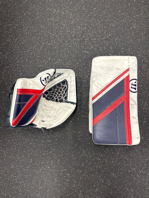 Vist Large View of Product Image Which is Used Warrior R/G6 E+ TRAPPER/BLOCKER Senior Goalie Catcher White