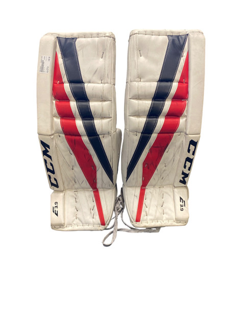 Vist Large View of Product Image Which is Used CCM E3.9 Goalie Leg Pads Inter White 29"
