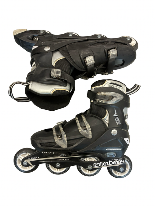 Vist Large View of Product Image Which is Used RollerDerby VTECH 500 ADJ 6-9 Senior Aggressive Skates Black Adjustable