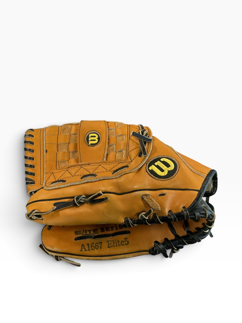 Vist Large View of Product Image Which is Used Wilson ELITE SERIES BB/SB Glove LH Throw Brown 13"