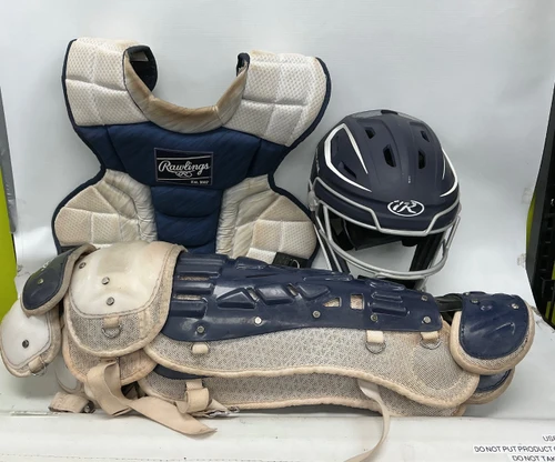 Vist Large View of Product Image Which is Used Rawlings Velo 2.0 CHVEL2-SR-REVB Catchers Helmet w/Mask Navy And White One Size
