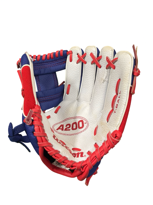 Vist Large View of Product Image Which is Used Wilson A200 TBALL BB/SB Glove RH Throw White/Royal/Red 10"
