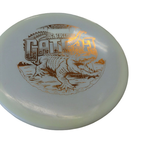 Vist Large View of Product Image Which is Used Innova GATOR 3 GLOW Disc Golf Mid Range White
