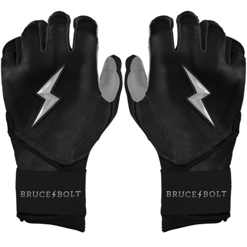 Vist Large View of Product Image Which is NEW BRUCE BOLT PREMIUM PRO LONG CUFF “CHROME SERIES BLACK” BATTING GLOVES - MD
