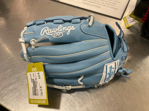 Vist Large View of Product Image Which is Used Rawlings R9SB120-3CB RH Throw Fastpitch Gloves Carolina Blue 12"