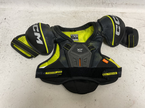 Vist Large View of Product Image Which is Used CCM XF PRO Youth Shoulder Pads Black And Optic Yellow LG