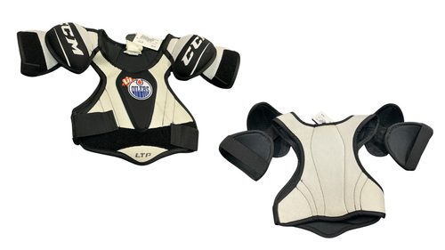 Vist Large View of Product Image Which is Used CCM LIL OILERS LTP Junior Shoulder Pads White SM