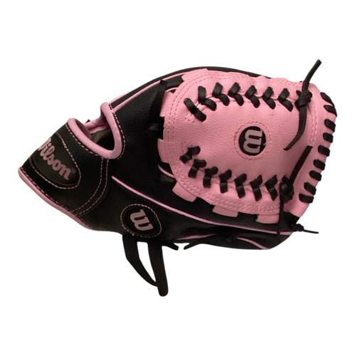 Vist Large View of Product Image Which is Used Wilson A200 BB/SB Glove RH Throw Black And Pink 10"