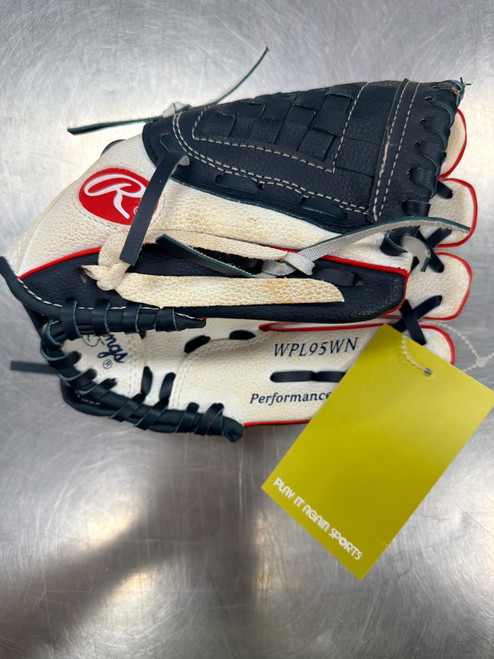 Vist Large View of Product Image Which is Used Rawlings WPL95WN BB/SB Glove RH Throw White 9 1/2"