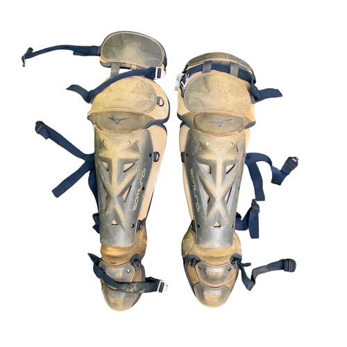 Vist Large View of Product Image Which is Used Mizuno SAMURAI SHIN GUARDS Catchers Leg Guards Navy Blue Adult