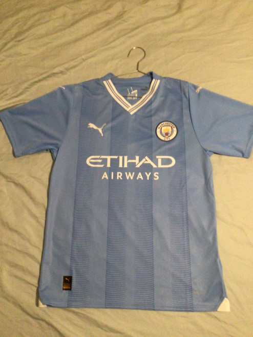 Vist Large View of Product Image Which is NEW Puma MAN CITY HAALAND JERSEY Soccer Top Adt Carolina Blue MD
