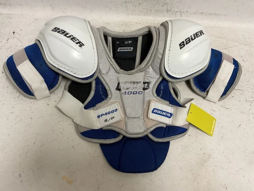 Vist Large View of Product Image Which is Used Bauer SP4000 Senior Shoulder Pads White/Black/Royal SM