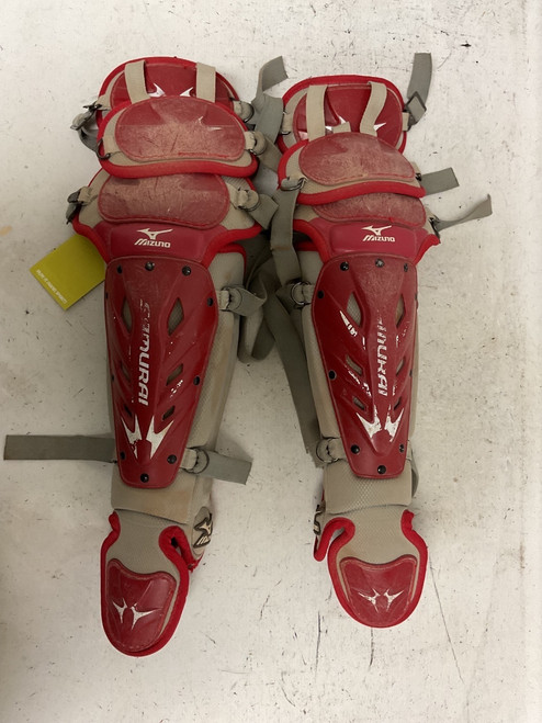 Vist Large View of Product Image Which is Used Mizuno SAMURAI YTH Catchers Leg Guards Grey And Red Youth