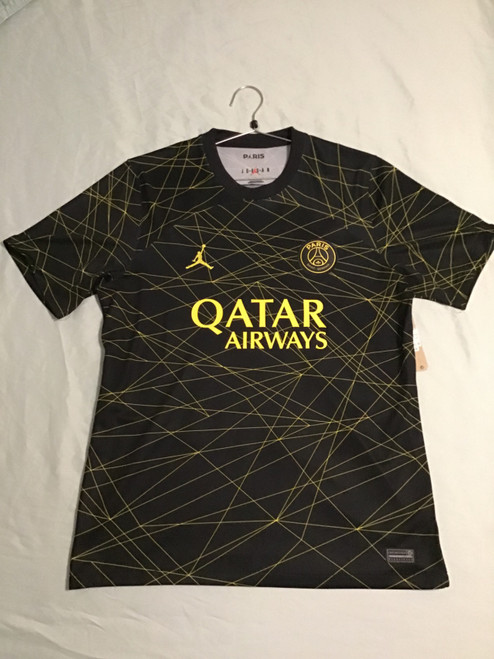 Vist Large View of Product Image Which is NEW Nike PSG JERSEY Soccer Top Adt Black And Optic Yellow LG