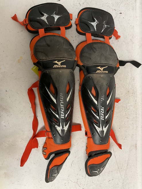 Vist Large View of Product Image Which is Used Mizuno SAMURAI Catchers Leg Guards Black And Orange Adult
