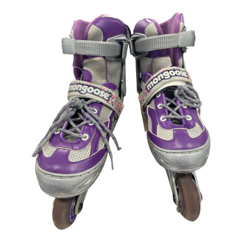 Vist Large View of Product Image Which is Used Mongoose Fling 90 Adjustable Kids Inline Skates Purple/Grey, front view