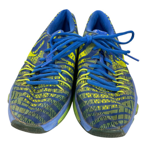 Vist Large View of Product Image Which is Used Nike Youth Basketball Shoes Royal Blue/Gold Size Junior 4, pair front view