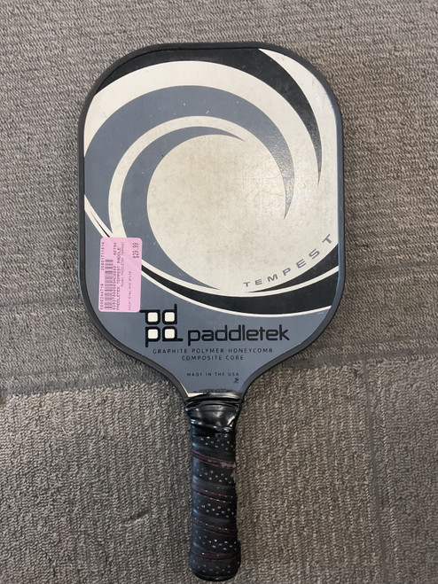 Vist Large View of Product Image Which is Used PADDLETEK TEMPEST Pickleball Racquet Grey And White