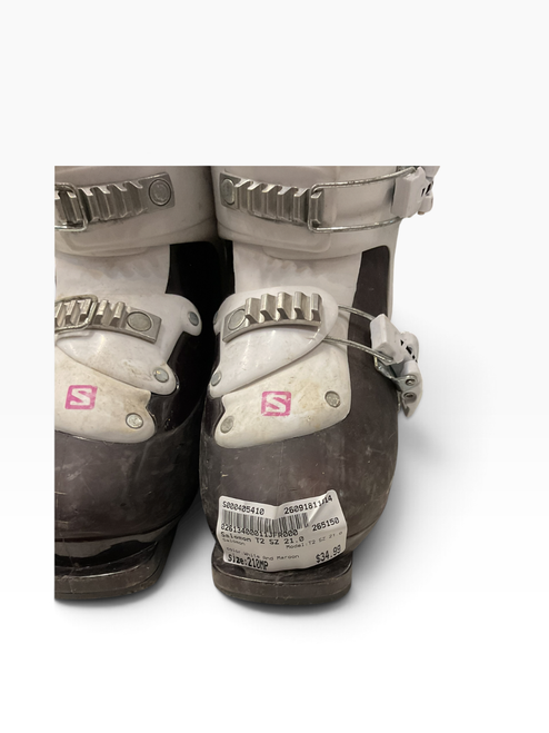 Vist Large View of Product Image Which is Used Salomon T2 SZ 21.0 Girls DH Ski Boot White And Maroon 210 MP - J02