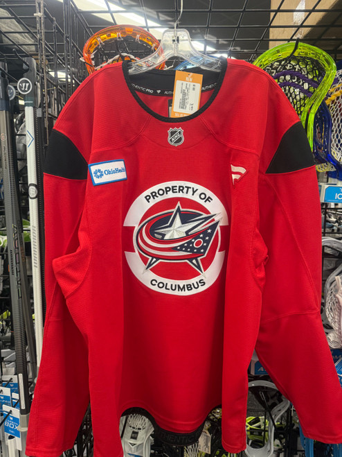 Vist Large View of Product Image Which is Used FANATICS PRO COULUMBUS Hockey Practice Jersey Red XL