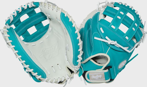 Vist Large View of Product Image Which is Rawlings Shut Out 31.5-inch Right Hand Throw Fastpitch Catchers Mitt, White/Teal