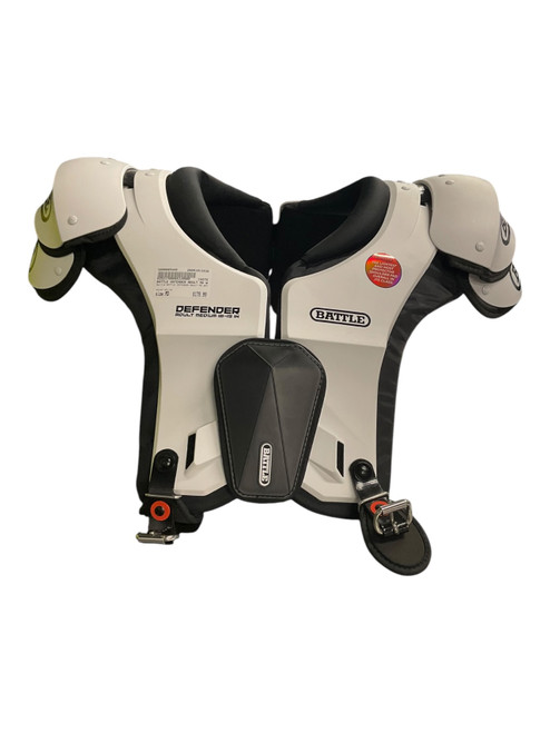Vist Large View of Product Image Which is Used Battle Sports BATTLE DEFENDER ADULT MD WHT SHLDR PADS FB Shoulder Pads White MD
