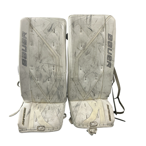Vist Large View of Product Image Which is Used Bauer BAUER SUPREME OBENO GOALIE LEGS Goalie Leg Pads Youth White 28"