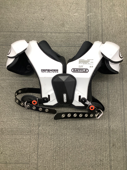 Vist Large View of Product Image Which is Used BATTLE DEFENDER YTH FB Shoulder Pads White SM
