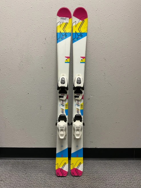 Vist Large View of Product Image Which is Used K2 LUV BUG Girls DH Ski/Binding Pink And White 112 cm