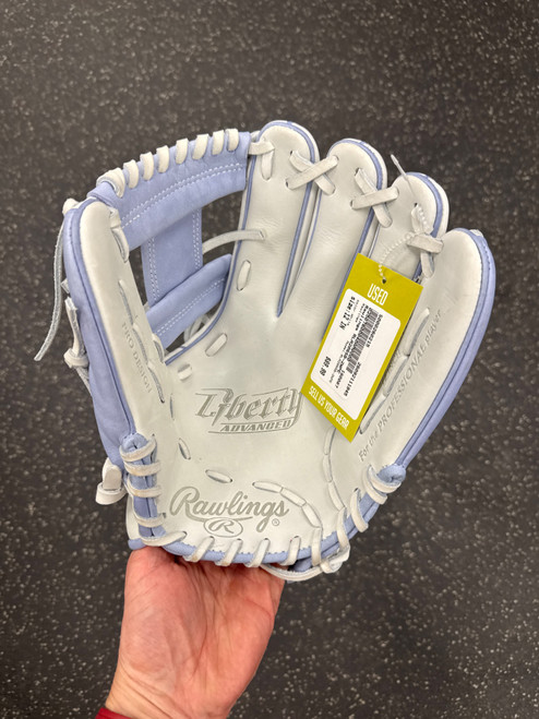 Vist Large View of Product Image Which is Used Rawlings Liberty RLA206SB-2WPE RH Throw Fastpitch Gloves White 12"
