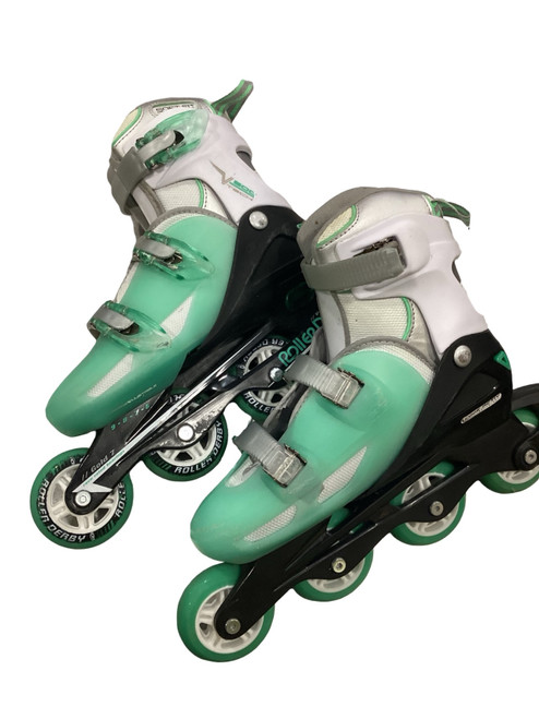 Vist Large View of Product Image Which is Used RollerDerby V500 TECH ADJ MINT SKATES Senior Rec Fitness Skates Neon Green Senior 9