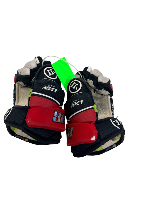 Vist Large View of Product Image Which is Used Warrior ALPHA LX2 PRO Youth Hockey Gloves Black And Red 8"