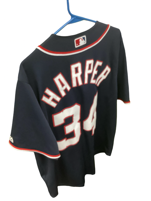 Vist Large View of Product Image Which is Used Majestic HARPER NATIONALS BB/SB Jersey Navy Blue LG