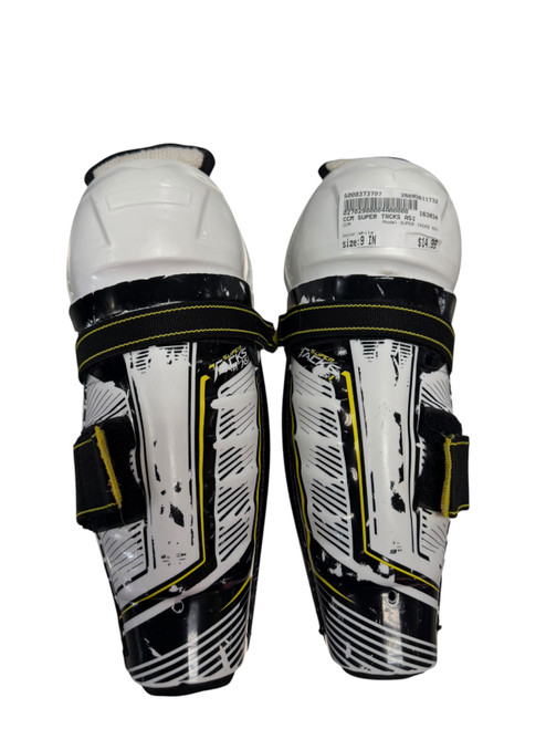 Vist Large View of Product Image Which is Used CCM SUPER TACKS AS1 Youth Shin Guards White 9"