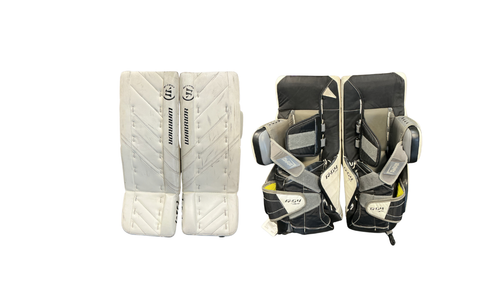Vist Large View of Product Image Which is Used Warrior RG4 JUNIOR Goalie Leg Pads Junior White 24"