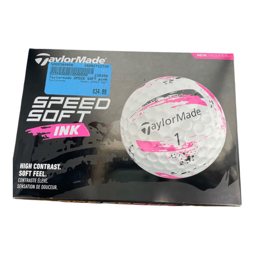 Vist Large View of Product Image Which is Used TaylorMade Speed Soft Ink Golf Balls 12 Pack Pink, box front
