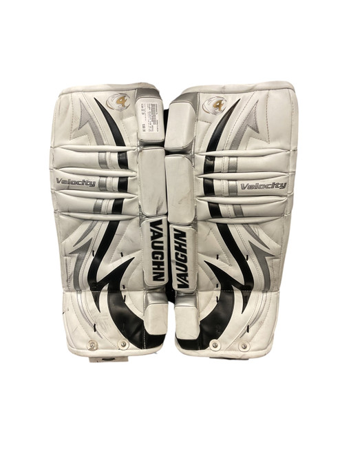 Vist Large View of Product Image Which is Used Vaughn VELOCITY 7150 22 LEG PADS Goalie Leg Pads Youth Black And White 22"