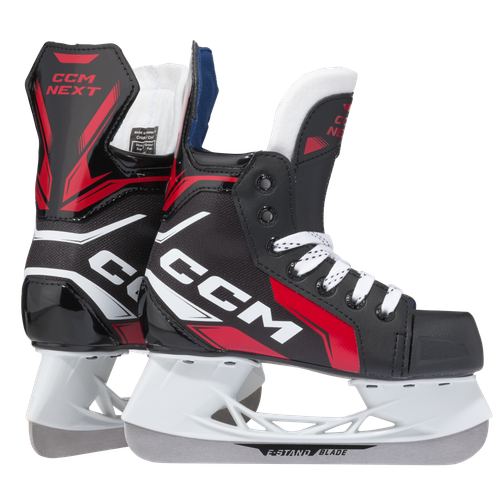 Vist Large View of Product Image Which is Perfect for pick-up on the pond or a lap around the lake, the CCM NEXT skate delivers enhanced comfort at an unbeatable price. Its 3D-injected construction is ergonomically shaped for a great fit and finished off with new comfort padding at the boot cut. Throw in the improved ankle foams with soft liners, and your feet will feel great no matter where you’re skating or playing.