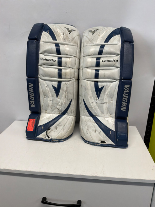 Vist Large View of Product Image Which is Used Vaughn V5 7110 Goalie Leg Pads Youth Carolina Blue And White 22"