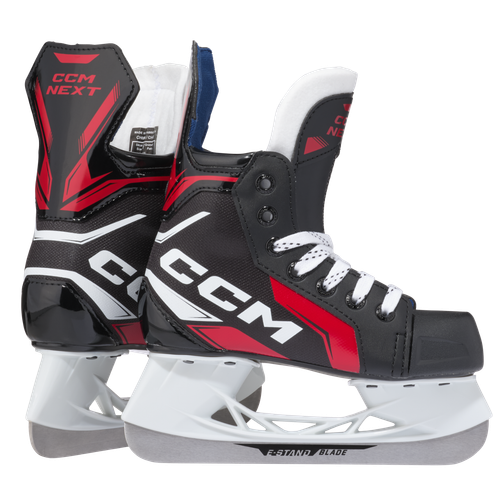 Vist Large View of Product Image Which is Perfect for pick-up on the pond or a lap around the lake, the CCM NEXT skate delivers enhanced comfort at an unbeatable price. Its 3D-injected construction is ergonomically shaped for a great fit and finished off with new comfort padding at the boot cut. Throw in the improved ankle foams with soft liners, and your feet will feel great no matter where you’re skating or playing.