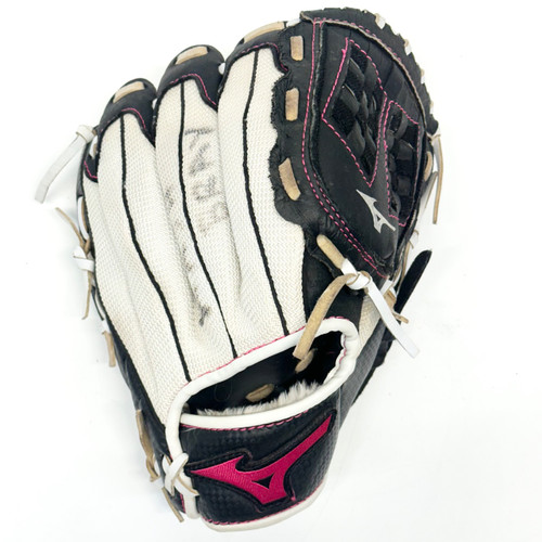 Vist Large View of Product Image Which is Used Mizuno FINCH RH Throw Fastpitch Gloves Black 10"