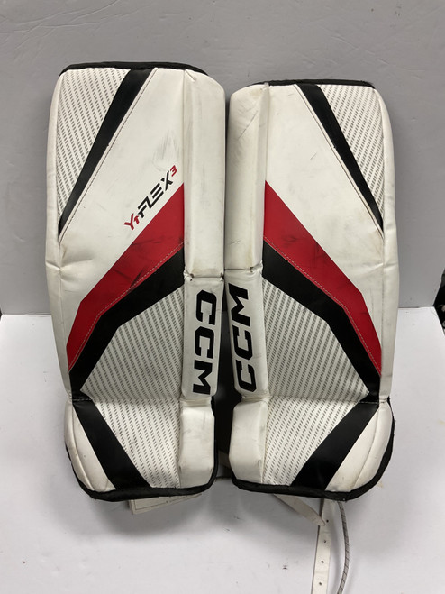 Vist Large View of Product Image Which is Used CCM YT FLEX 3 Goalie Leg Pads Youth White/Black/Red 22"