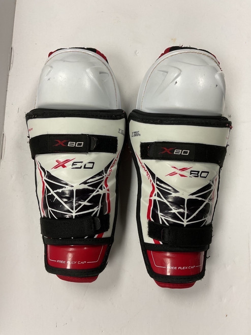 Vist Large View of Product Image Which is Used Bauer VAPOR X80 Junior Shin Guards White/Black/Red 11"