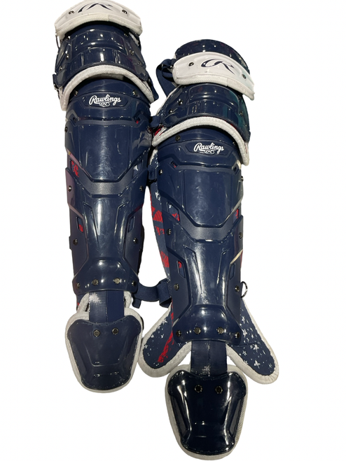 Vist Large View of Product Image Which is Used Rawlings DBL KNEE USA SHIN GUARDS Catchers Leg Guards Navy Blue Intermed