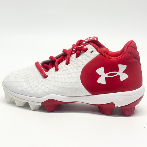 Vist Large View of Product Image Which is Used Under Armour GLYDE BB/SB Cleats White And Red Junior 01