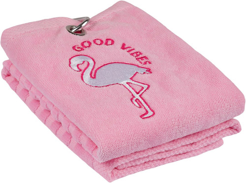 Vist Large View of Product Image Which is New Craftsman Golf Pink Flamingo Good Vibes Golf Towel