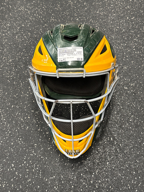 Vist Large View of Product Image Which is Used All-Star MVP2500-1 7-71/2 Catchers Helmet w/Mask Green And Yellow M/L