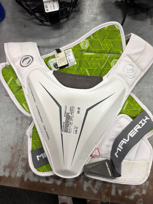 Vist Large View of Product Image Which is Used Maverik EKG CHEST PROTECTOR Lacrosse Shoulder Pads White LG