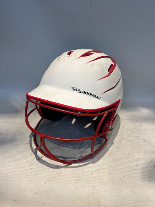 Vist Large View of Product Image Which is Used BoomBah WHITE AND RED Batting Helmet w/Mask White LG